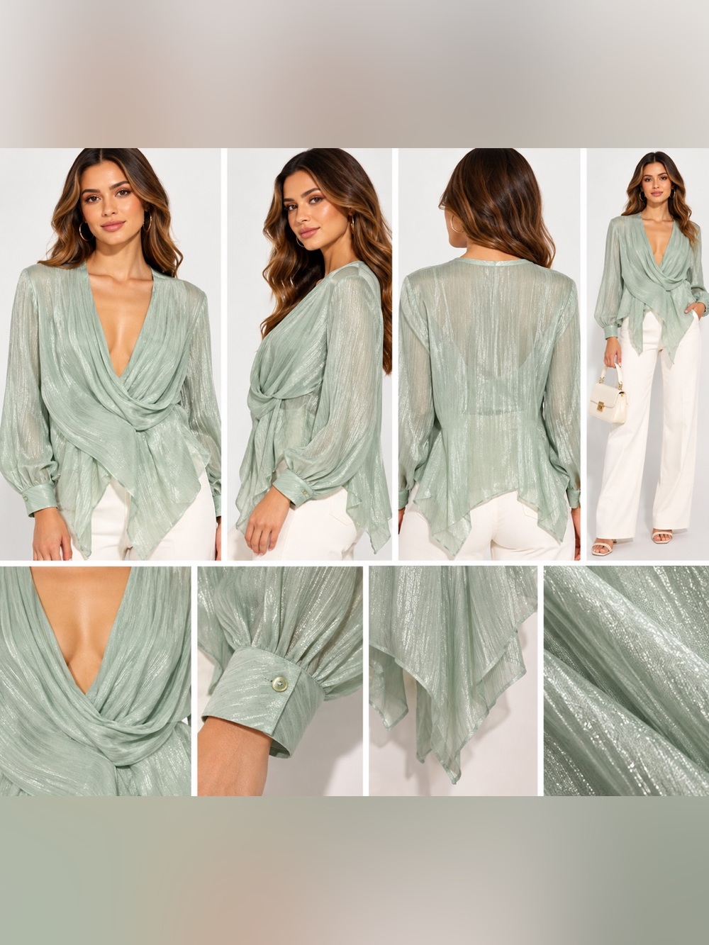 S-Deer Mint Green Metallic Draped Asymmetrical Long Sleeve Blouse L